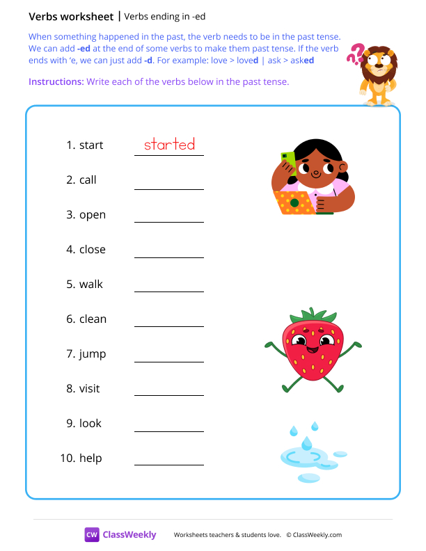 Verbs ending in 'ed' - Lion worksheet preview