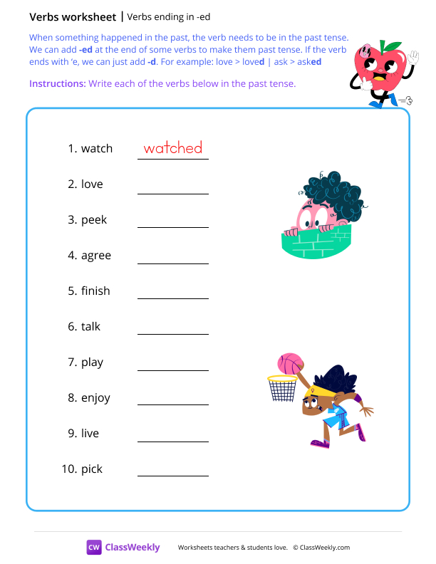 Verbs ending in 'ed' - Apple worksheet preview