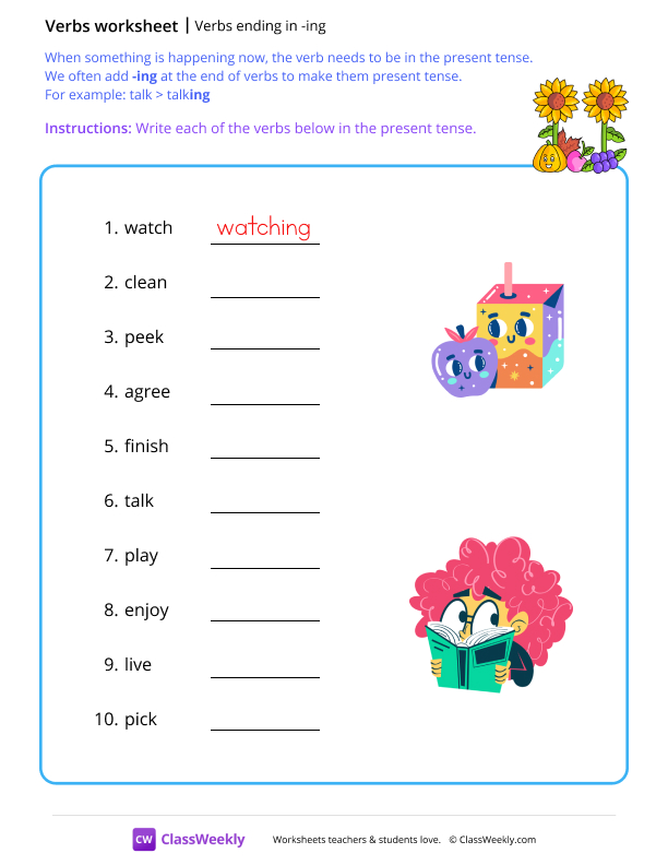 Verbs ending in 'ing' worksheet preview