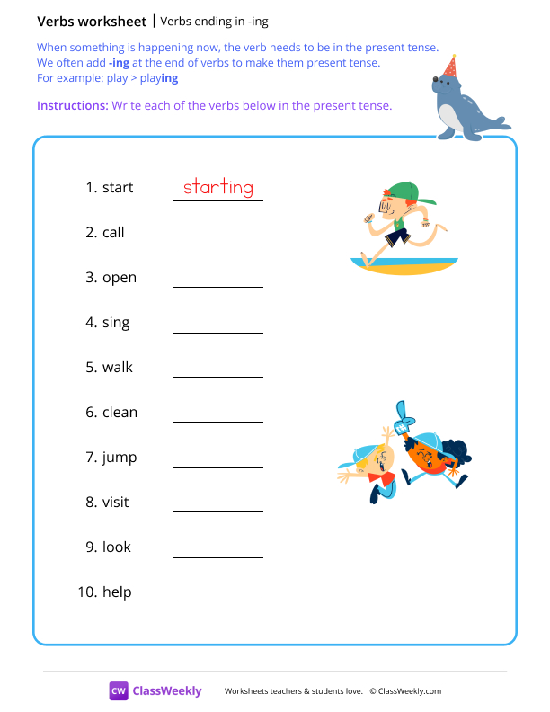Verbs ending in 'ing' - Seal worksheet preview