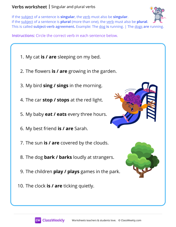Singular and plural verbs worksheet preview