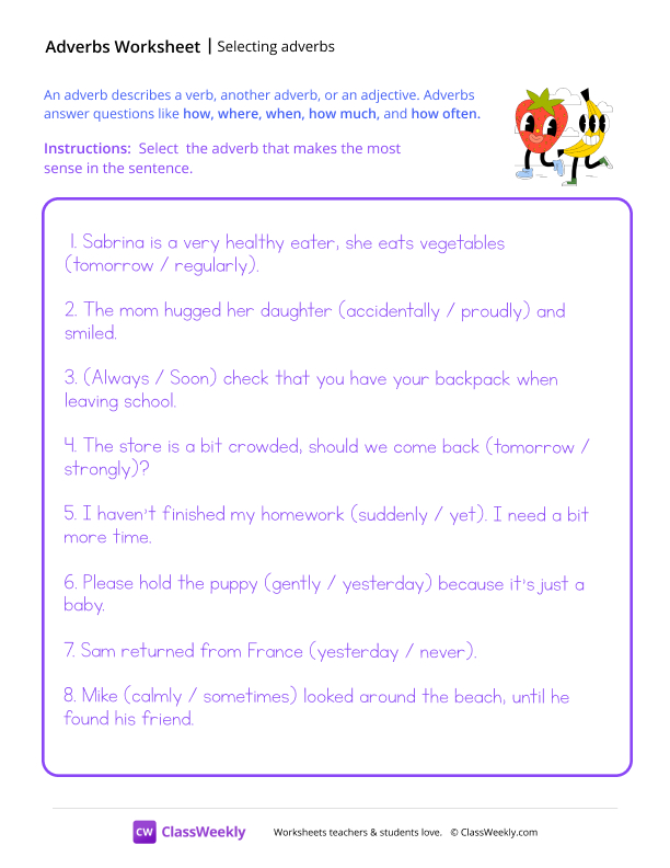 Selecting Adverbs worksheet preview
