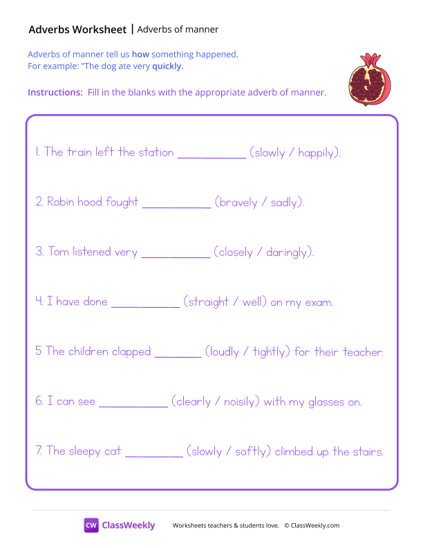 Using Adverbs of Manner - Pomegranate worksheet preview