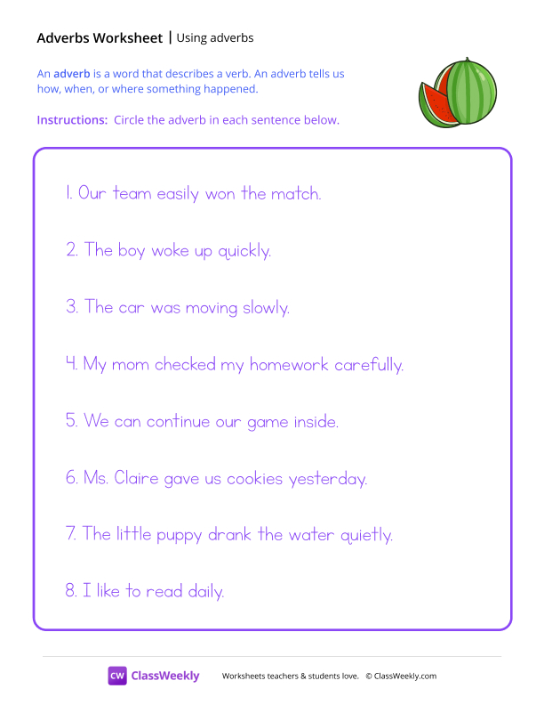 Using Adverbs - Watermelon worksheet preview
