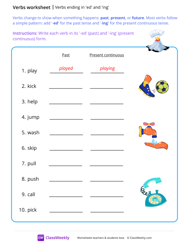 Verbs ending in 'ed' and 'ing' - Volcano worksheet preview