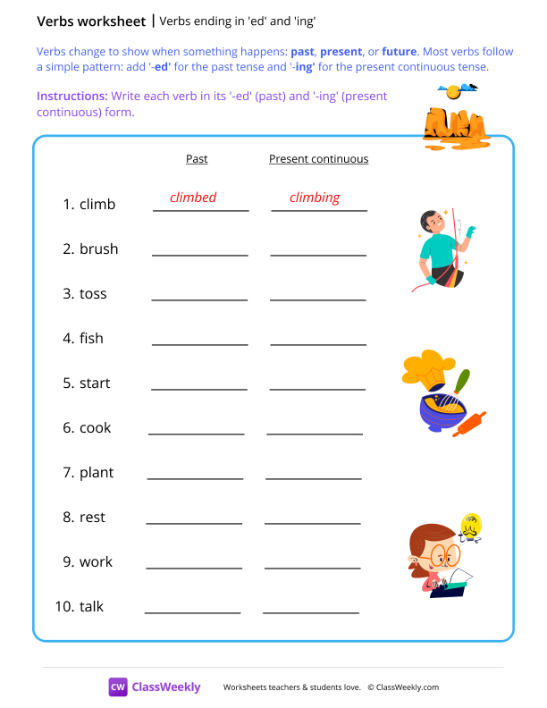 Verbs ending in 'ed' and 'ing' worksheet preview