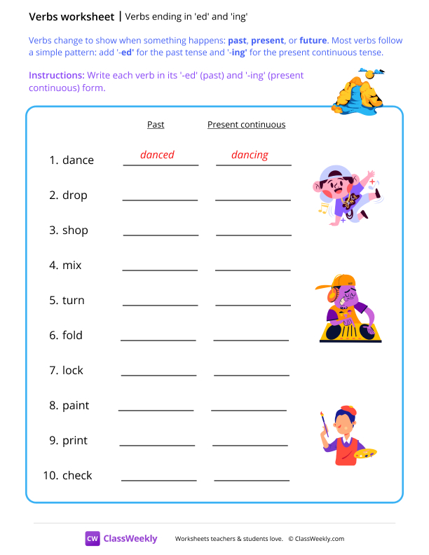 Verbs ending in 'ed' and 'ing' - Waterfall worksheet preview