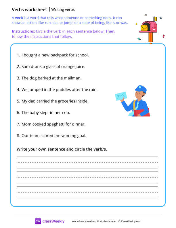 Writing verbs - Mailbox worksheet preview
