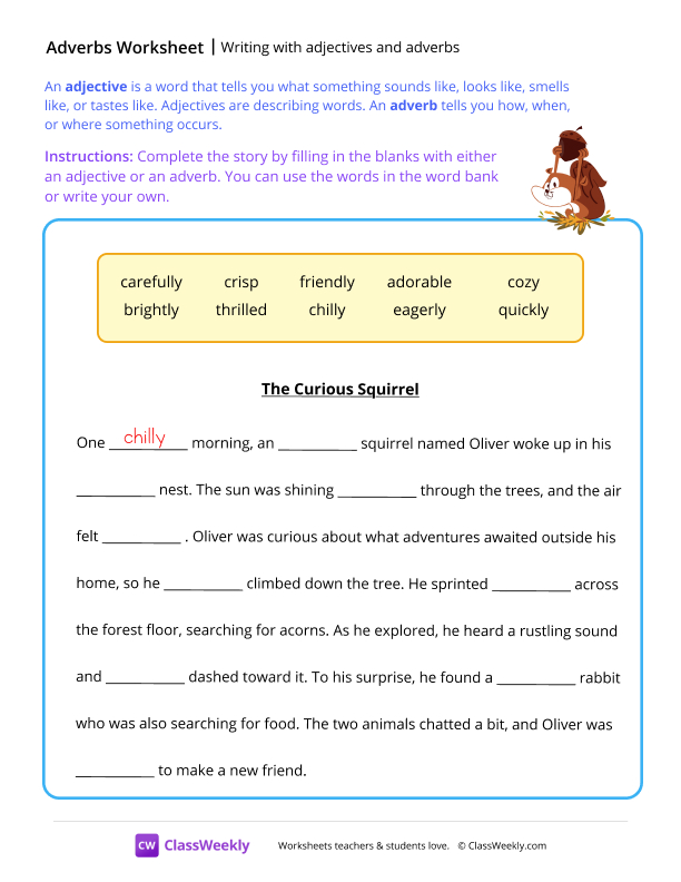Writing with adjectives & adverbs - Squirrel worksheet preview