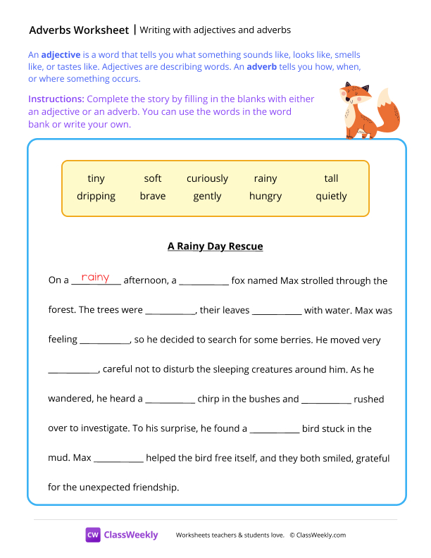 Writing with adjectives and adverbs - Fox worksheet preview