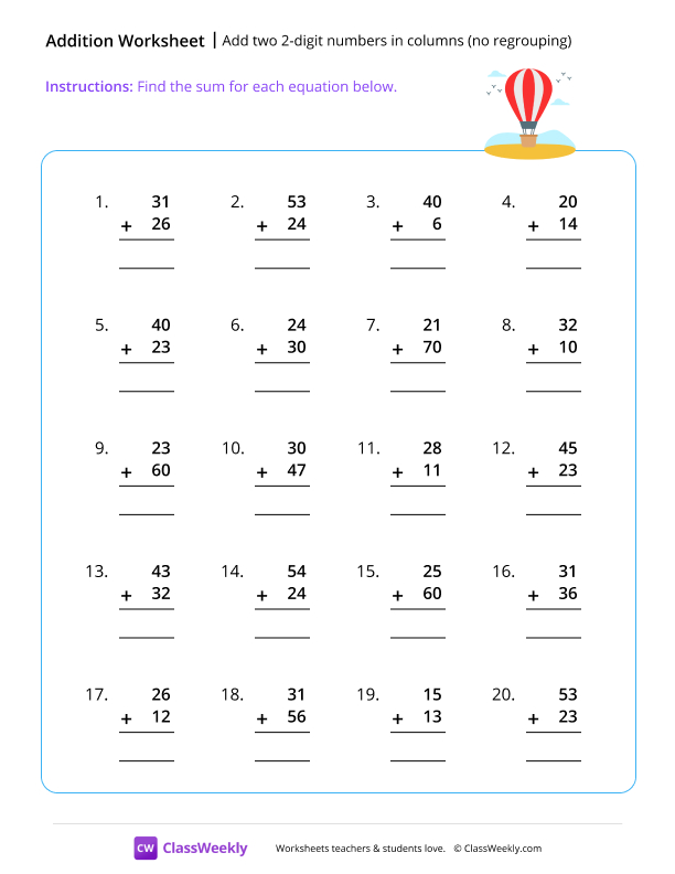Adding two 2-digit numbers in columns (no regrouping) worksheet preview