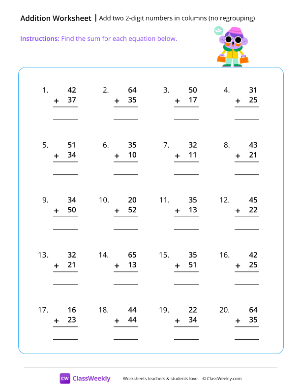 Adding two 2-digit numbers in columns (no regrouping) - Traveler worksheet preview