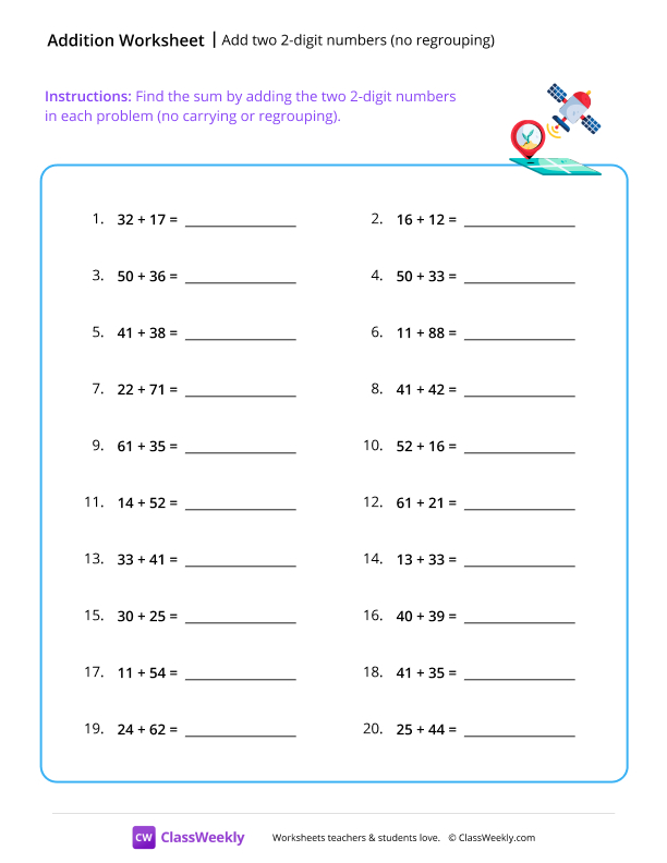 Add two 2-digit numbers (no regrouping) - Satellite worksheet preview