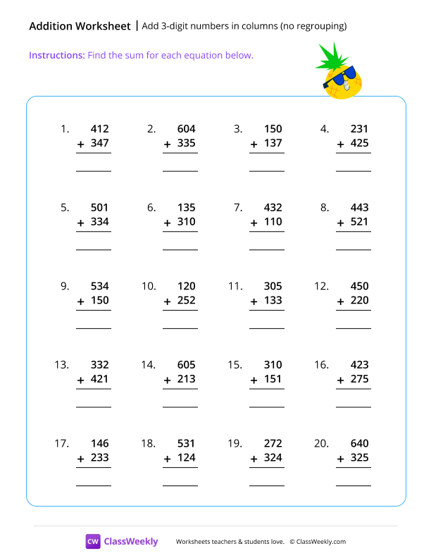 Adding 3-digit numbers in columns (no regrouping) - Pineapple worksheet preview