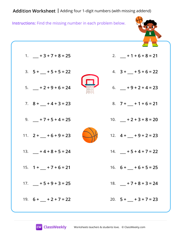 Adding four 1-digit numbers (with missing addend) - Basketball worksheet preview