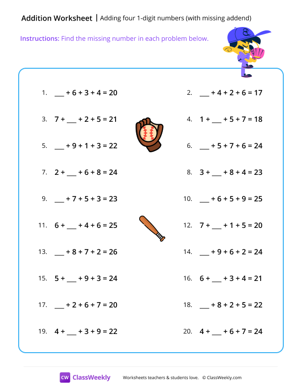 Adding four 1-digit numbers (with missing addend) worksheet preview