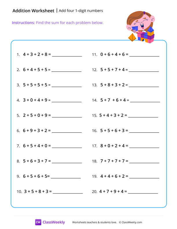 Add four 1-digit numbers - Fun worksheet preview