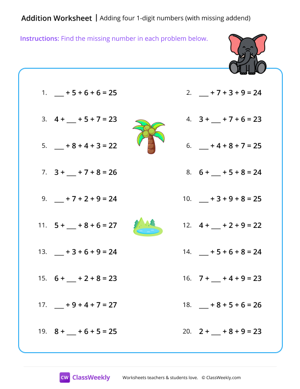 Adding 4 numbers with missing addend - Elephant worksheet preview