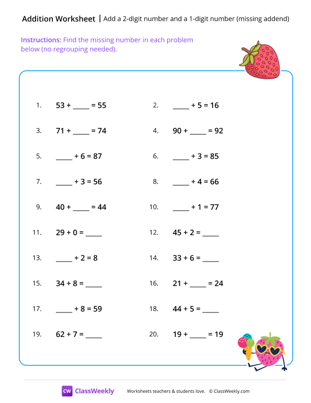 Add a 2-digit number and a 1-digit number (missing addend) worksheet preview