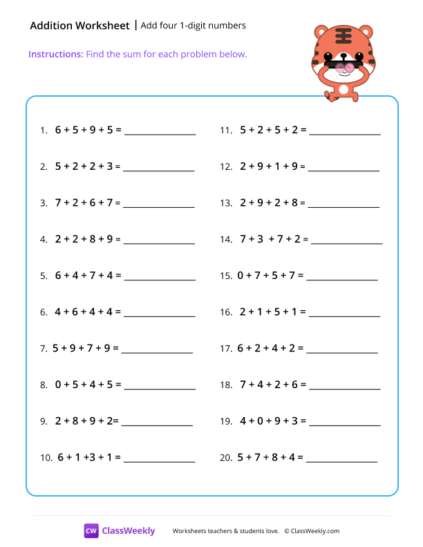 Add four 1-digit numbers - Blocks worksheet preview