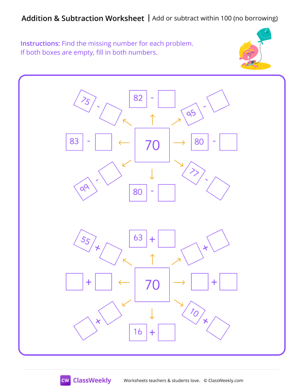 Add or subtract within 100 (no borrowing) - Kite worksheet preview