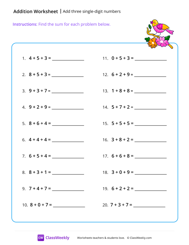 Add three single-digit numbers - Colorful worksheet preview