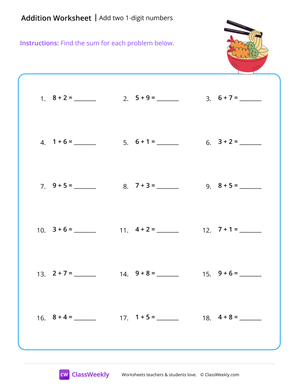 Add two 1-digit numbers - Noodles worksheet preview