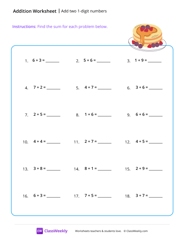 Add two 1-digit numbers - Pancake worksheet preview