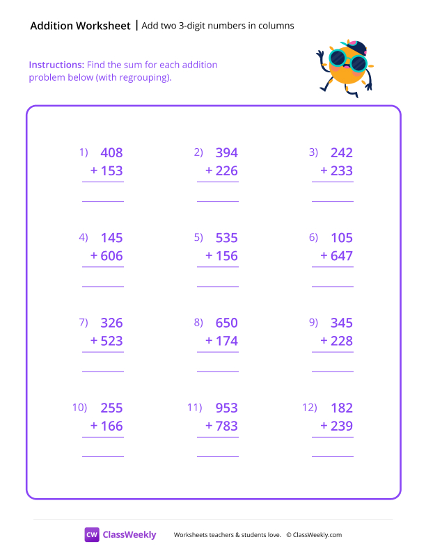 Add two 3-digit numbers in columns - Sun Shades worksheet preview