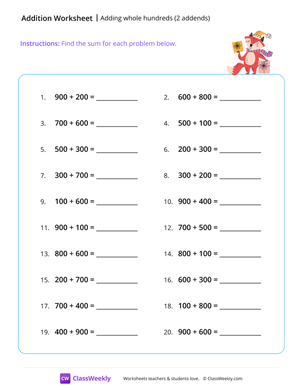 Adding whole hundreds (2 addends) - Fox worksheet preview