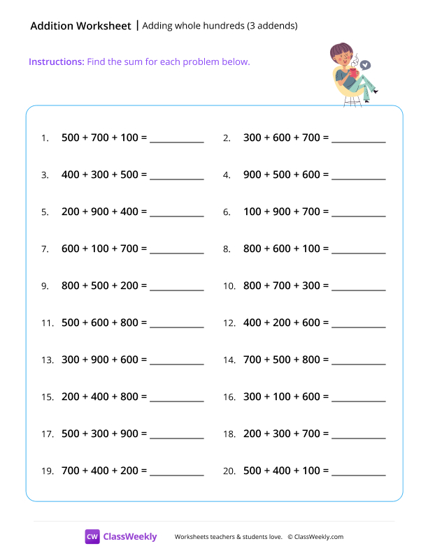 Adding whole hundreds (3 addends) - Coffee worksheet preview