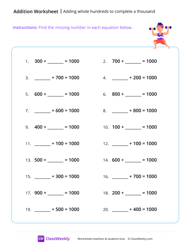 Adding whole hundreds to complete a thousand worksheet preview