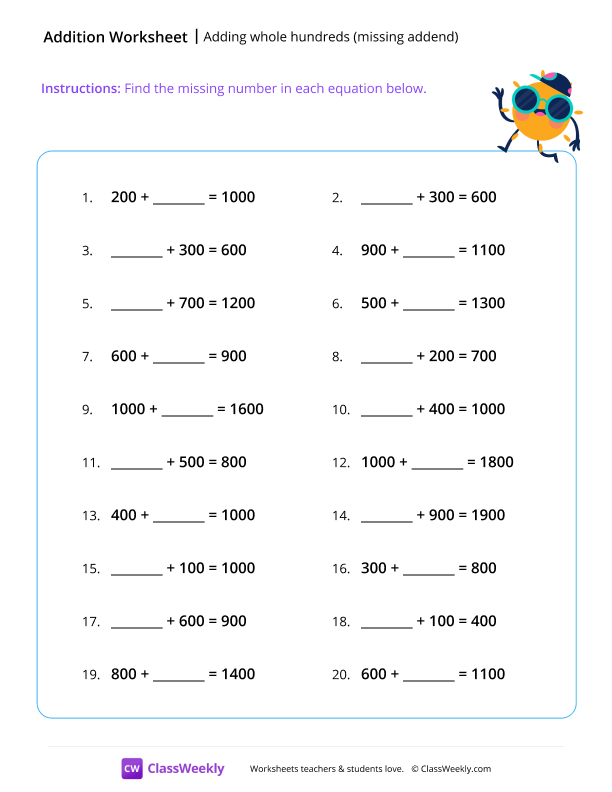 Adding whole hundreds (missing addend) - Summer worksheet preview