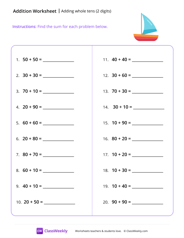Adding whole tens (2 digits) worksheet preview