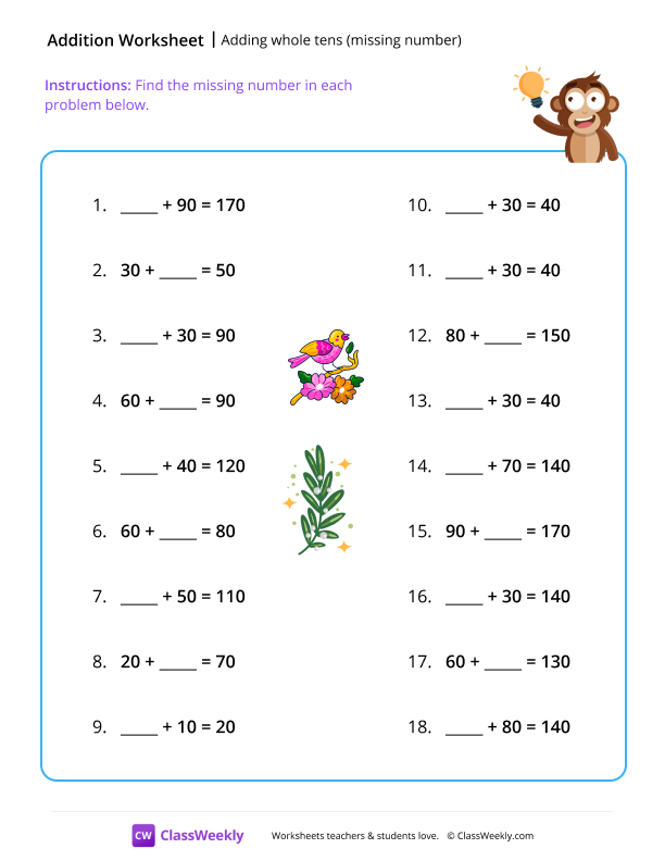 Adding whole tens (missing number) worksheet preview