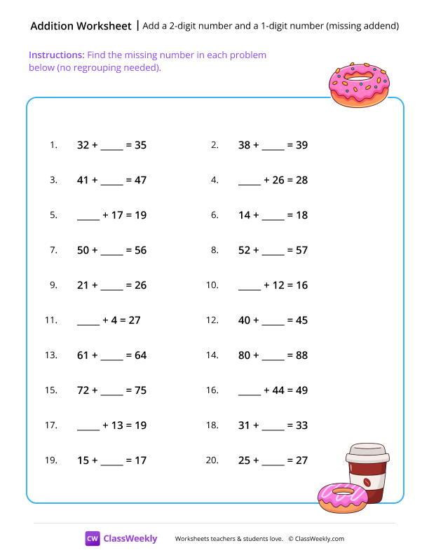 Add a 2-digit number and a 1-digit number (missing addend) - Donut worksheet preview
