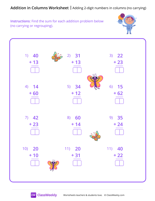 Adding 2-digit numbers in columns (no carrying) worksheet preview