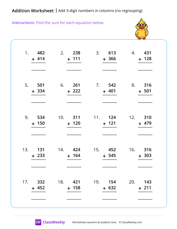 Adding 3-digit numbers in columns (no regrouping) worksheet preview