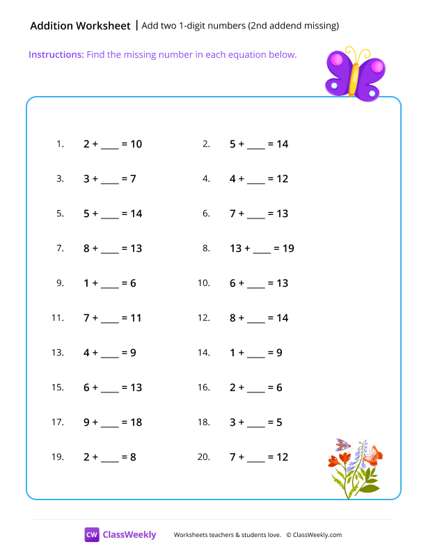 Add two 1-digit numbers (2nd addend missing) - Butterfly worksheet preview