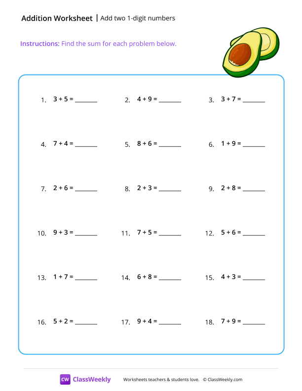 Add two 1-digit numbers - Avocado worksheet preview