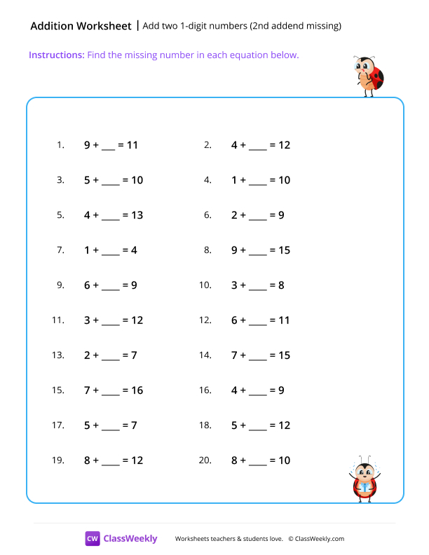 Add two 1-digit numbers (2nd addend missing) - Ladybug worksheet preview