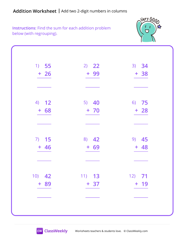 Add two 2-digit numbers in columns worksheet preview