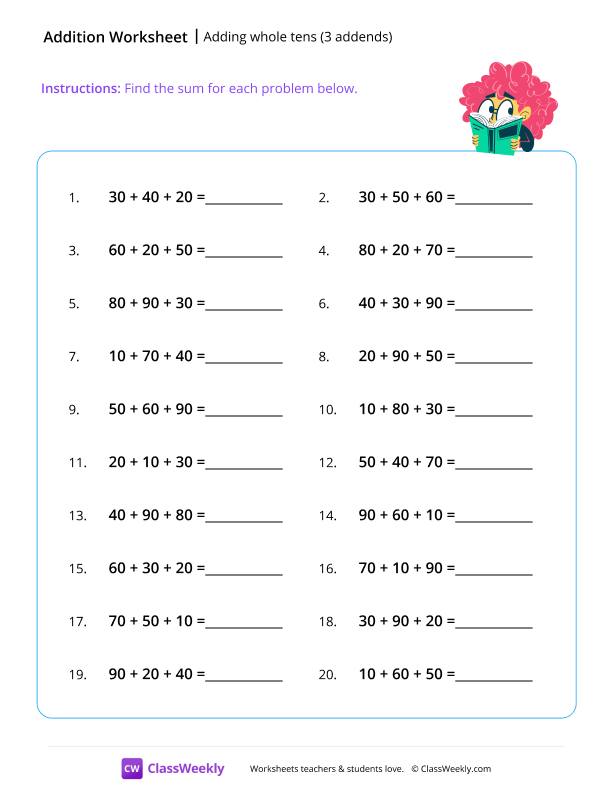 Adding whole tens (3 addends) - Peak worksheet preview