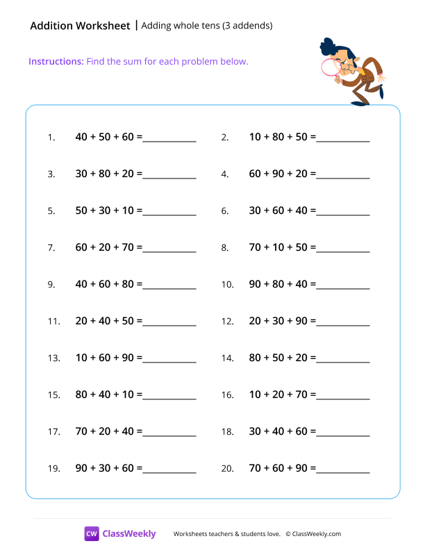 Adding whole tens (3 addends) - Detective worksheet preview