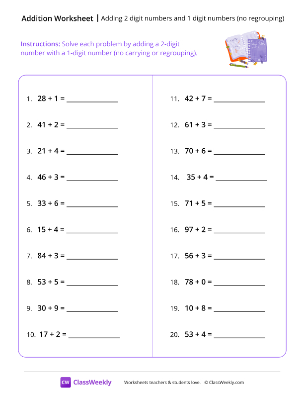 Add a 2-digit and 1-digit number, no regrouping - Purple Notebook worksheet preview