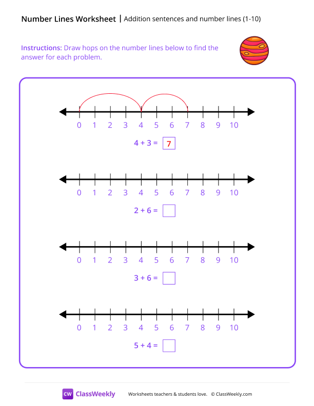 Addition sentences and number lines (1-10) - Jupiter worksheet preview
