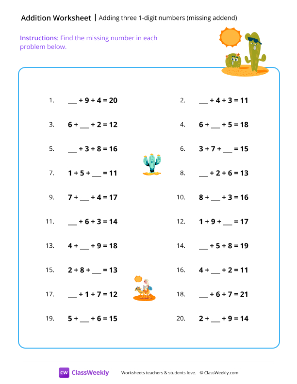 Adding three 1-digit numbers (missing addend) worksheet preview