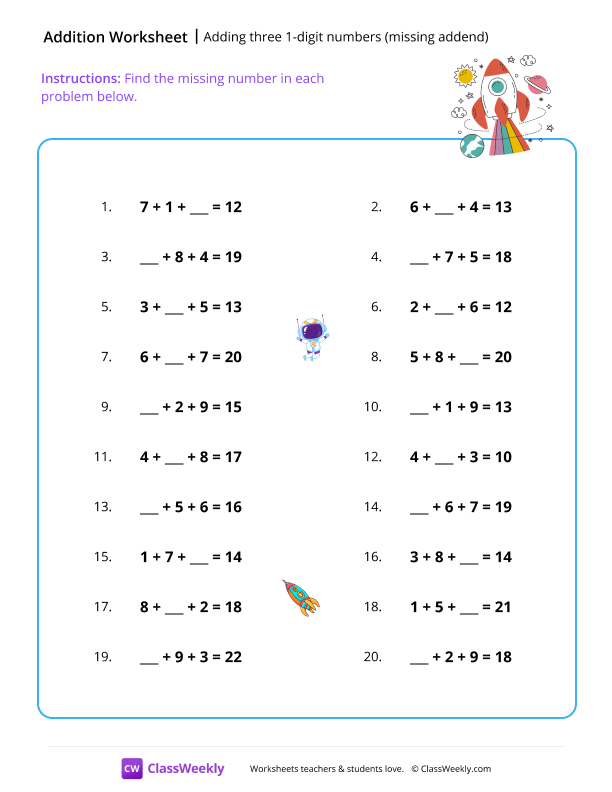 Adding three 1-digit numbers (missing addend) - Space worksheet preview