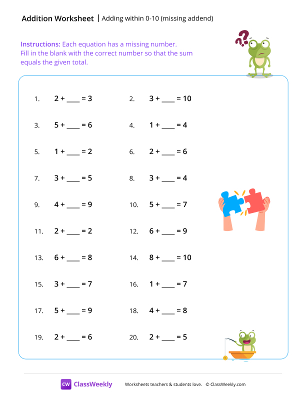 Adding within 0-10 (2nd addend missing) - Frog worksheet preview