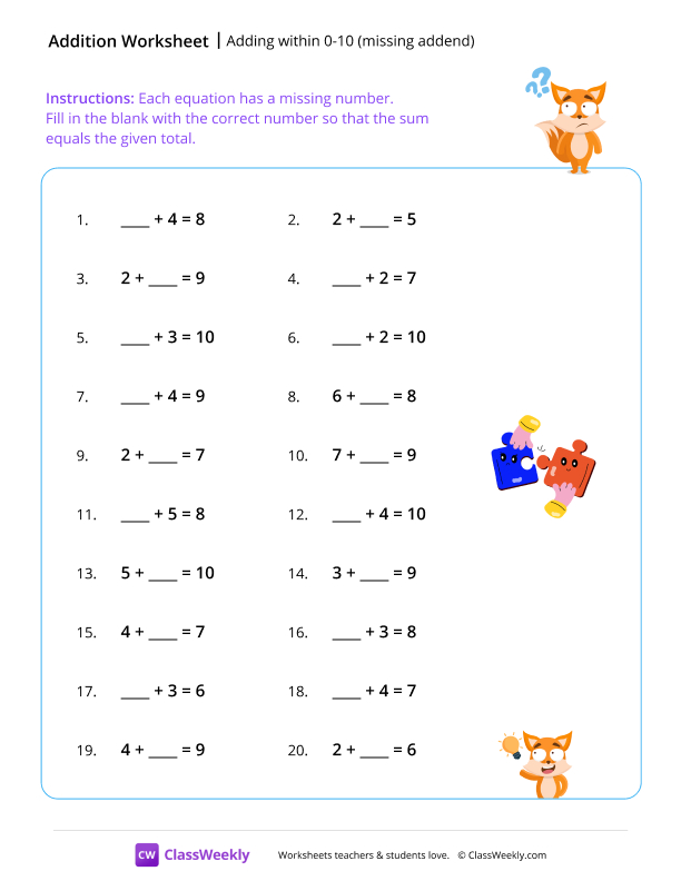 Adding within 0-10 (random addend missing) - Fox worksheet preview